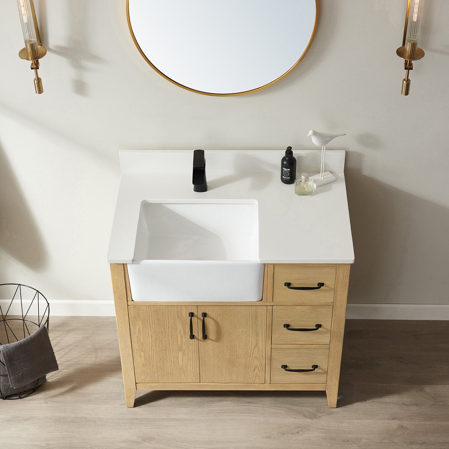 Vinnova Sevilla 36" Bathroom Vanity Set in Ash Wood w/ White Composite Stone Countertop | 797036-WA-WH