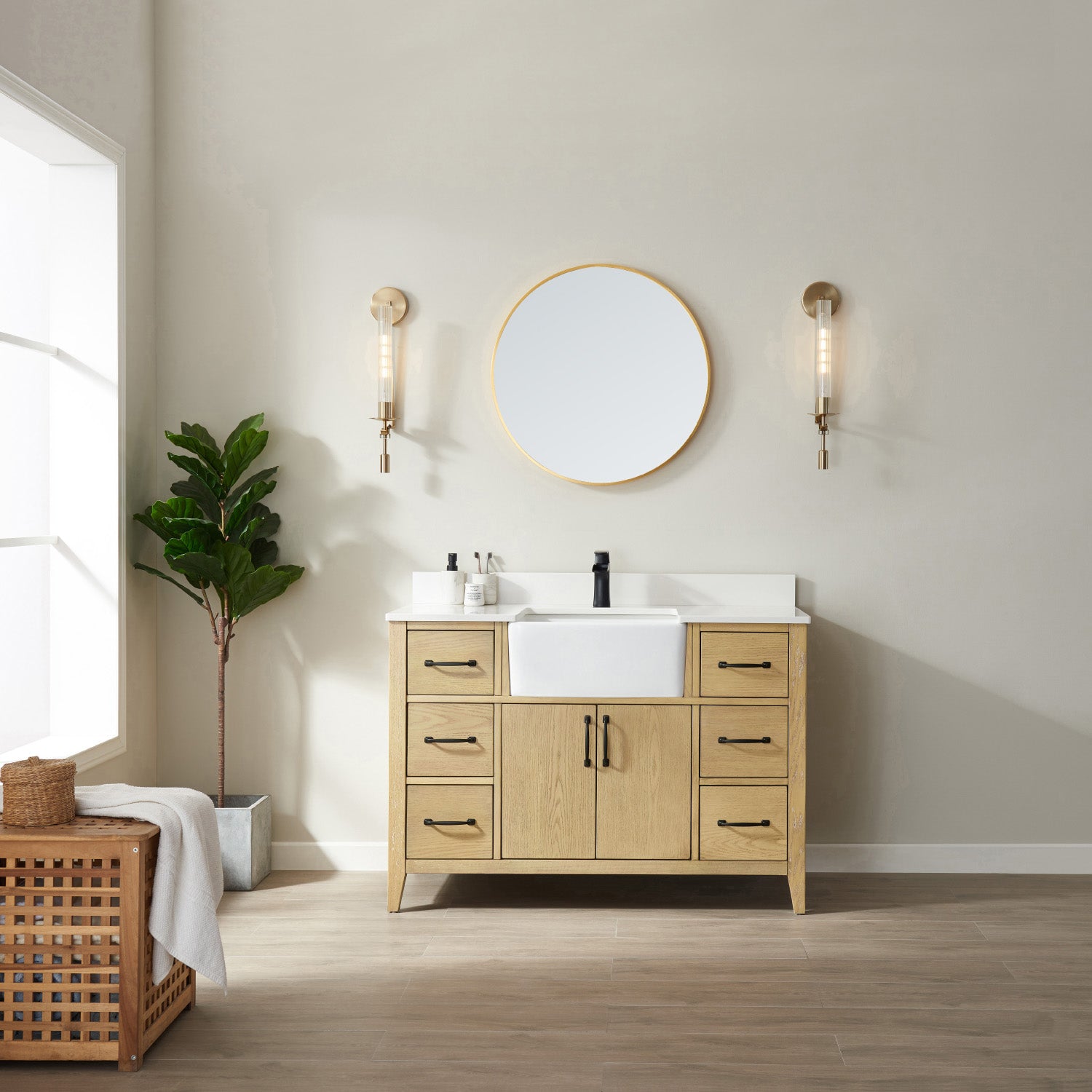 Vinnova Sevilla 48" Bathroom Vanity Set in Ash Wood w/ White Composite Stone Countertop | 797048-WA-WH