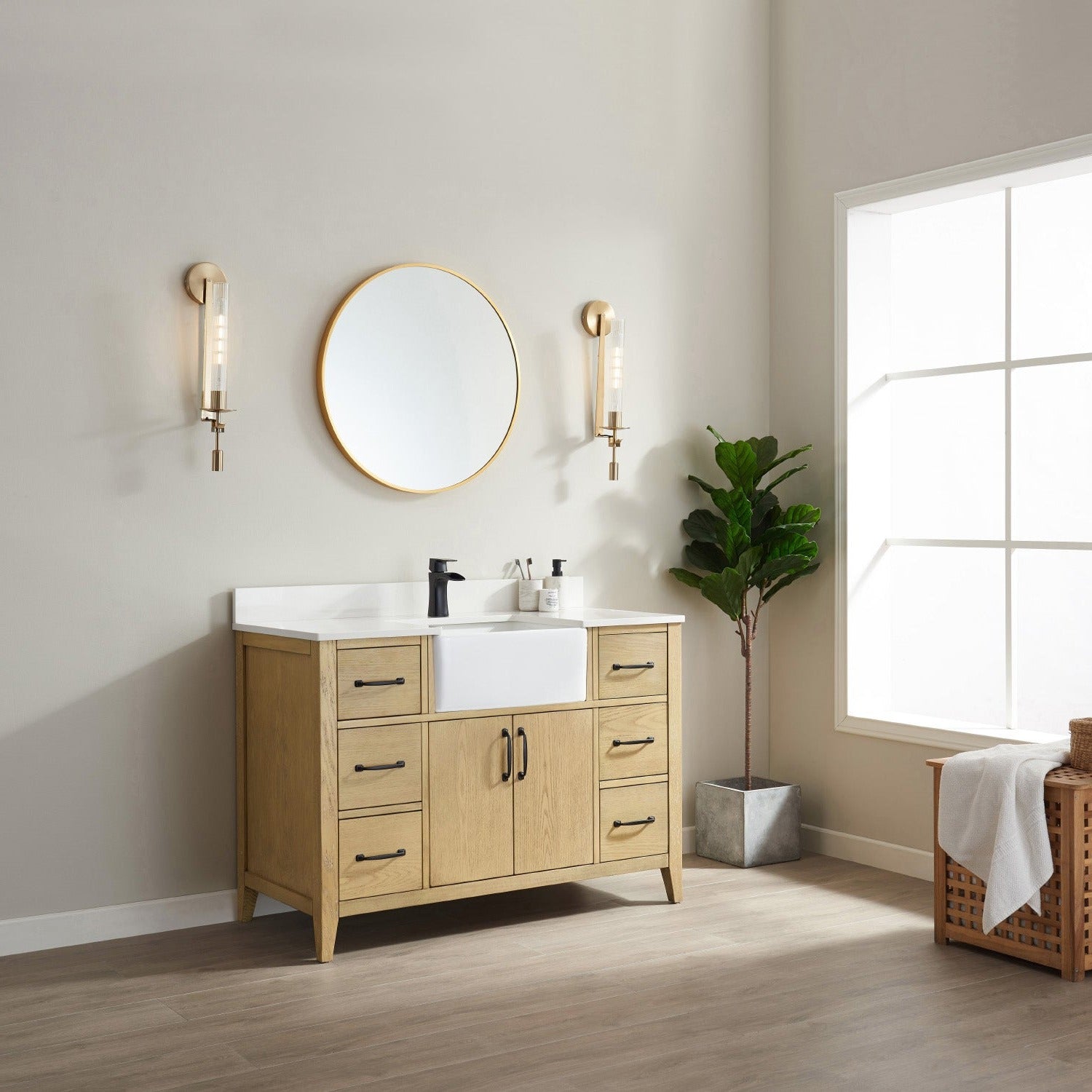 Vinnova Sevilla 48" Bathroom Vanity Set in Ash Wood w/ White Composite Stone Countertop | 797048-WA-WH