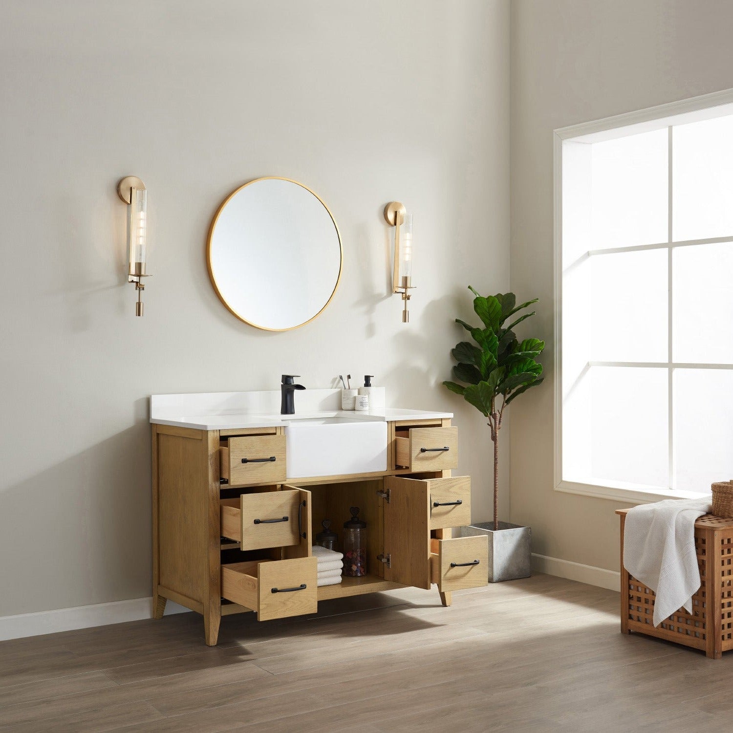 Vinnova Sevilla 48" Bathroom Vanity Set in Ash Wood w/ White Composite Stone Countertop | 797048-WA-WH