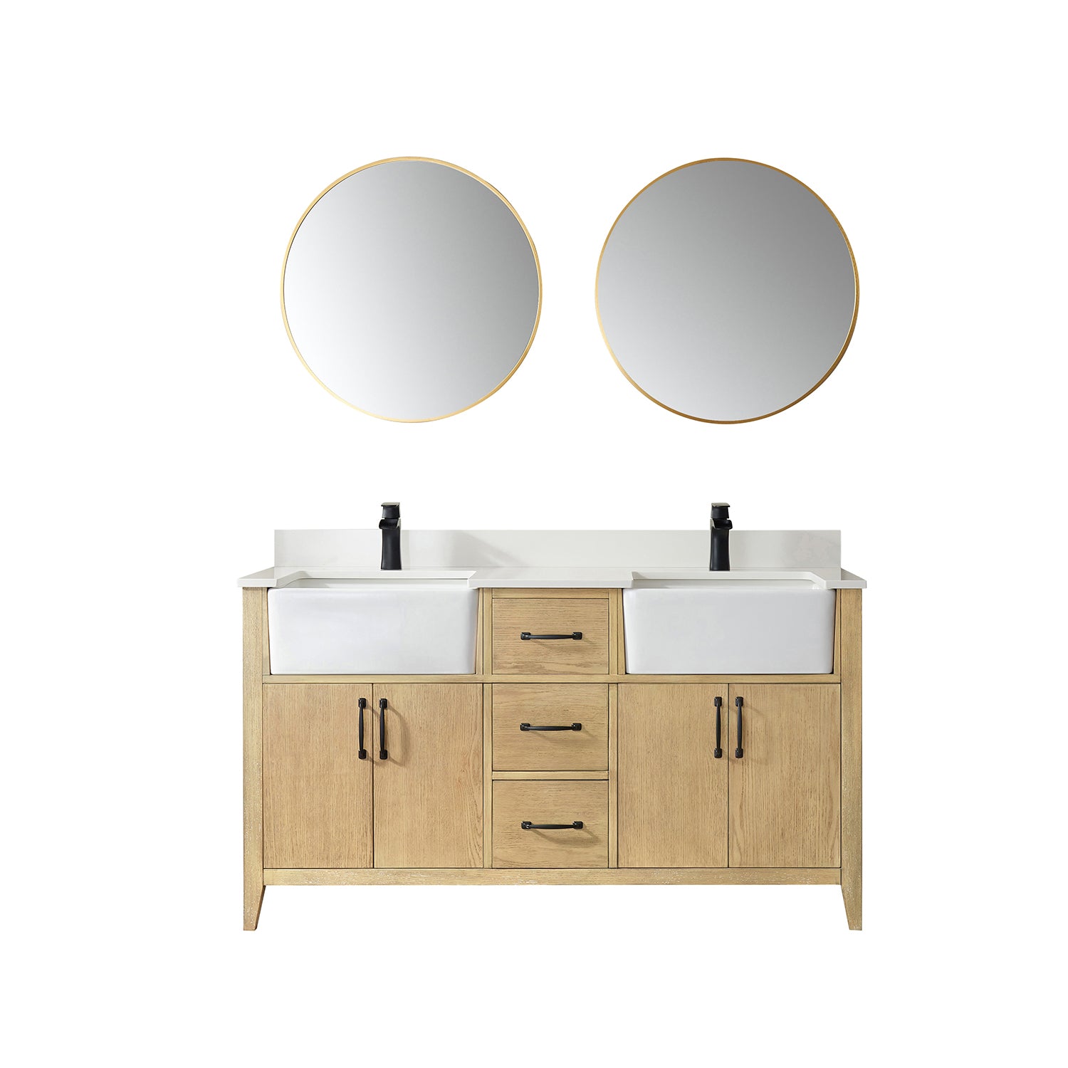 Vinnova Sevilla 60" Bathroom Vanity Set in Ash Wood w/ White Composite Stone Countertop | 797060-WA-WH