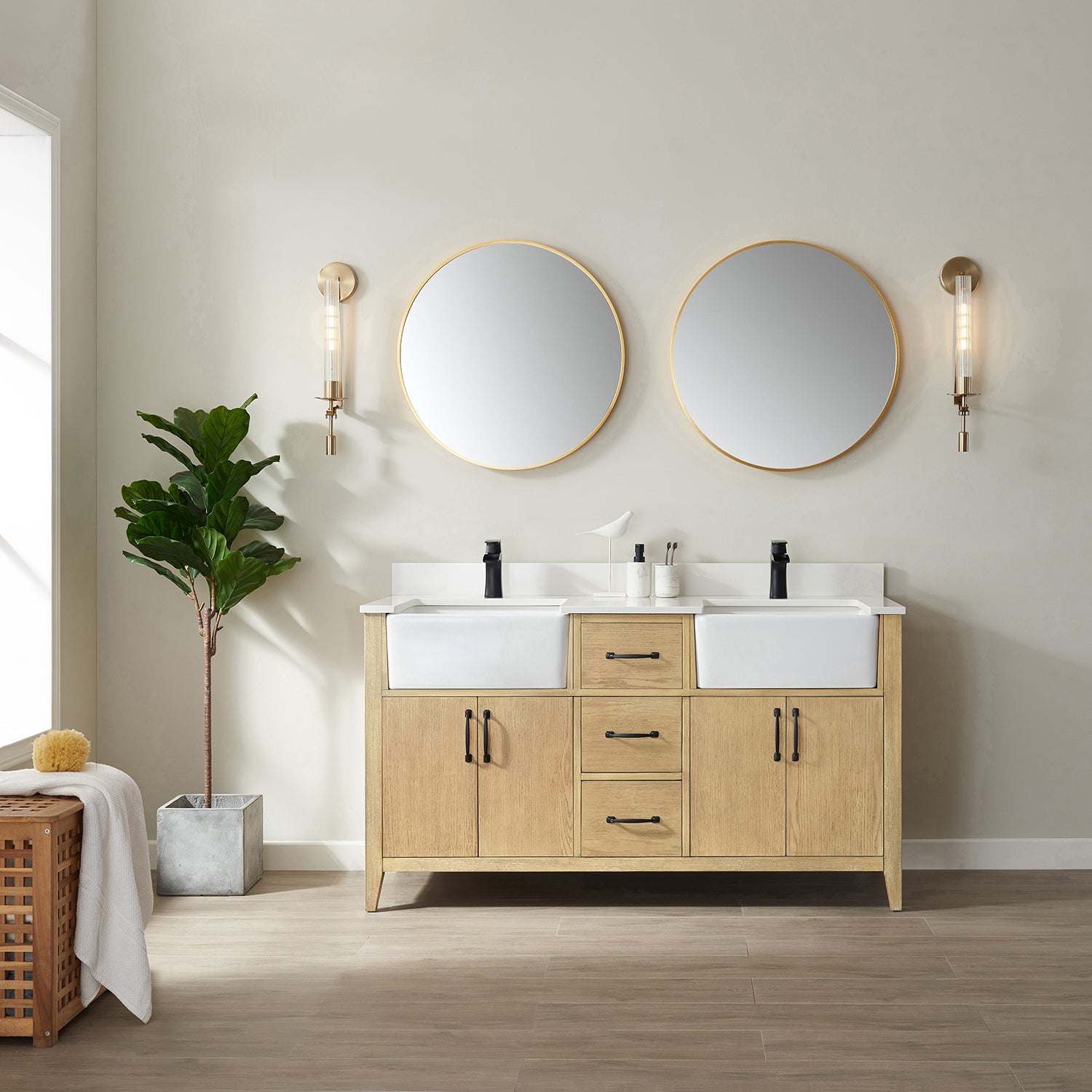 Vinnova Sevilla 60" Bathroom Vanity Set in Ash Wood w/ White Composite Stone Countertop | 797060-WA-WH