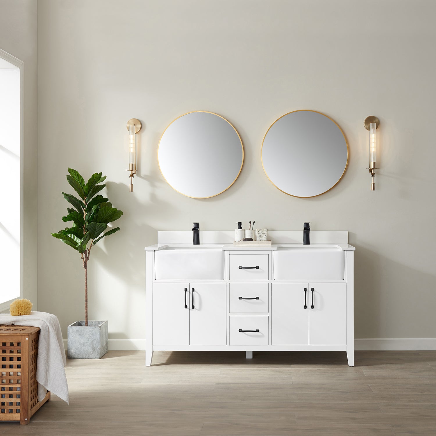 Vinnova Sevilla 60" Bathroom Vanity Set in White w/ White Composite Stone Countertop | 797060-WH-WH