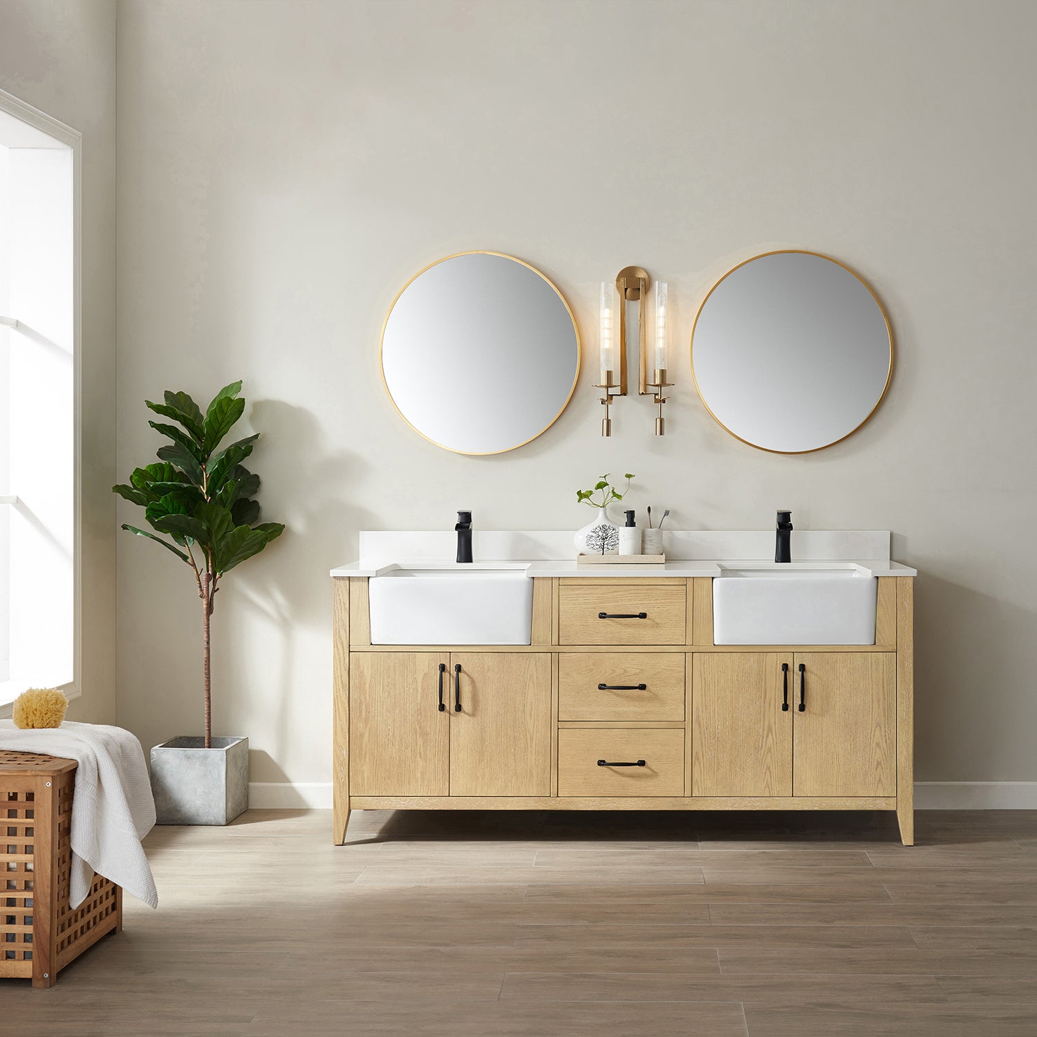 Vinnova Sevilla 72" Bathroom Vanity Set in Ash Wood w/ White Composite Stone Countertop | 797072-WA-WH