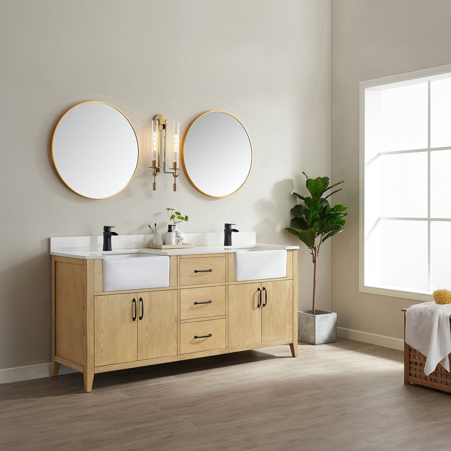 Vinnova Sevilla 72" Bathroom Vanity Set in Ash Wood w/ White Composite Stone Countertop | 797072-WA-WH