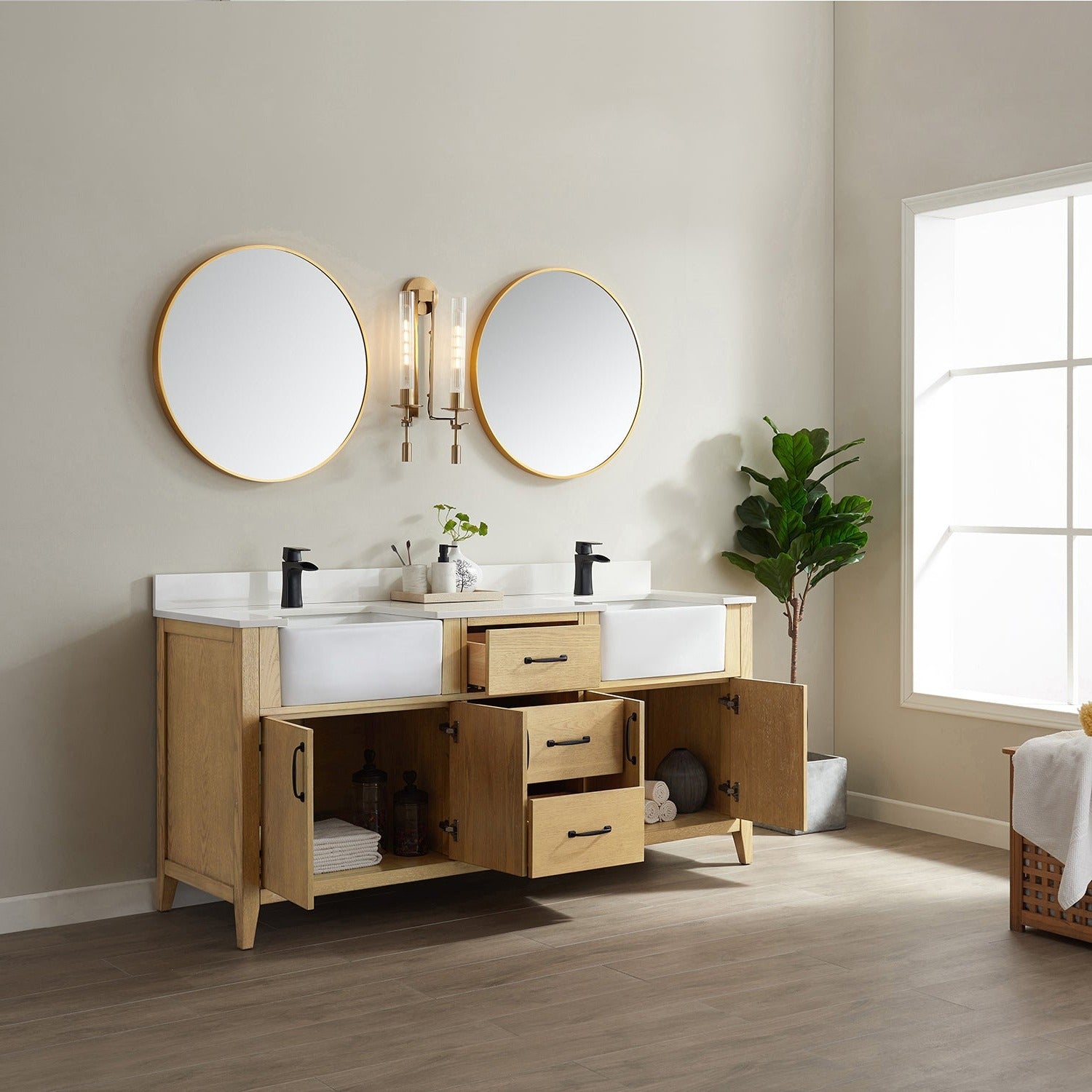 Vinnova Sevilla 72" Bathroom Vanity Set in Ash Wood w/ White Composite Stone Countertop | 797072-WA-WH