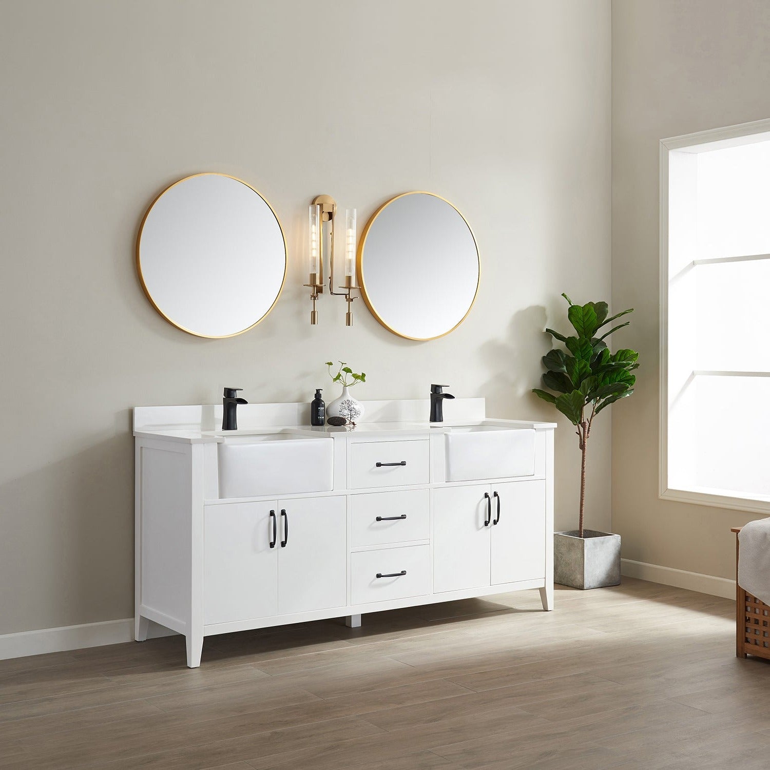 Vinnova Sevilla 72" Bathroom Vanity Set in White w/ White Composite Stone Countertop | 797072-WH-WH