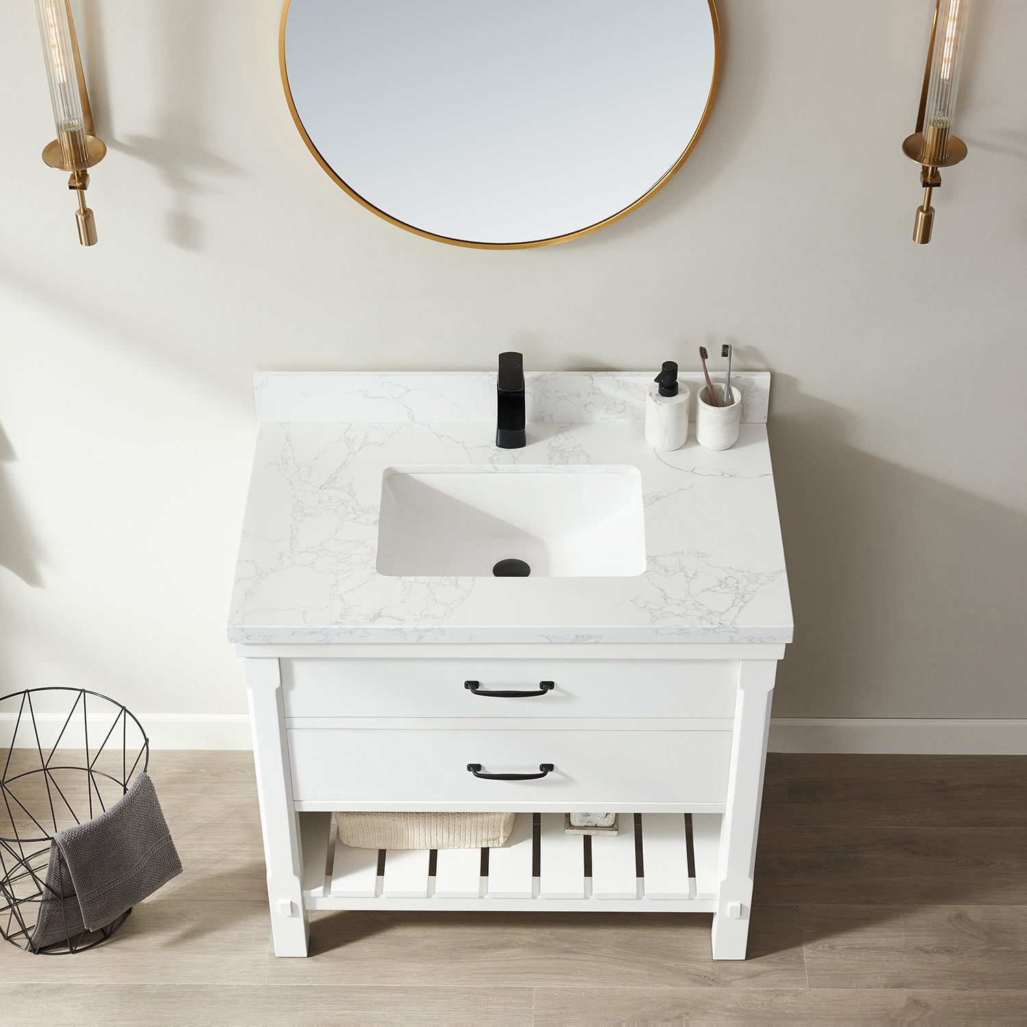 Vinnova Valencia 36" Bathroom Vanity Set in White w/ White Composite Grain Stone Countertop | 798036-WH-GW