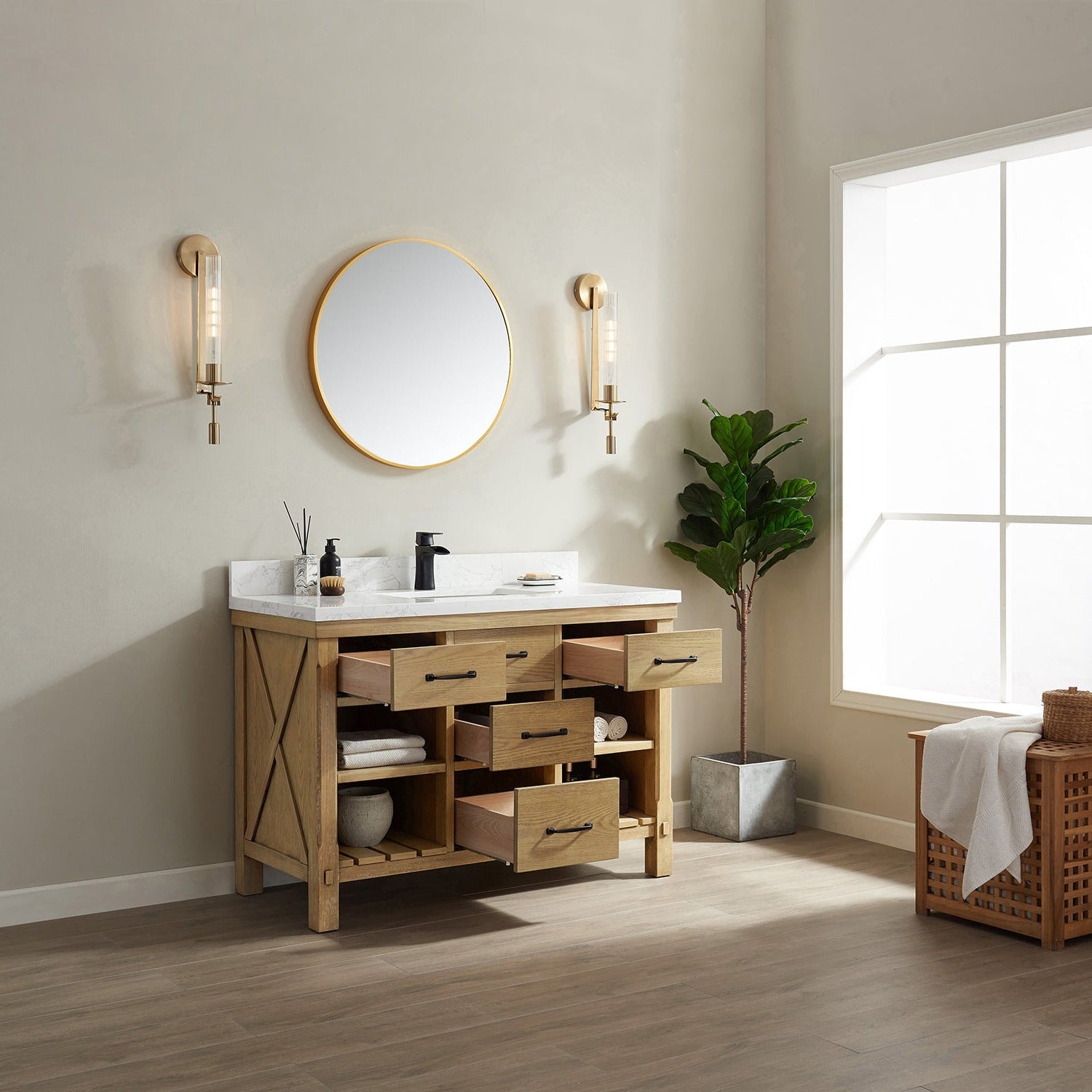 Vinnova Valencia 48" Bathroom Vanity Set in Ash Wood w/ White Composite Grain Stone Countertop | 798048-WA-GW
