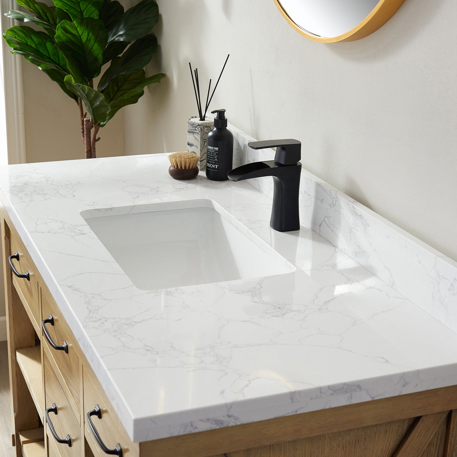 Vinnova Valencia 48" Bathroom Vanity Set in Ash Wood w/ White Composite Grain Stone Countertop | 798048-WA-GW