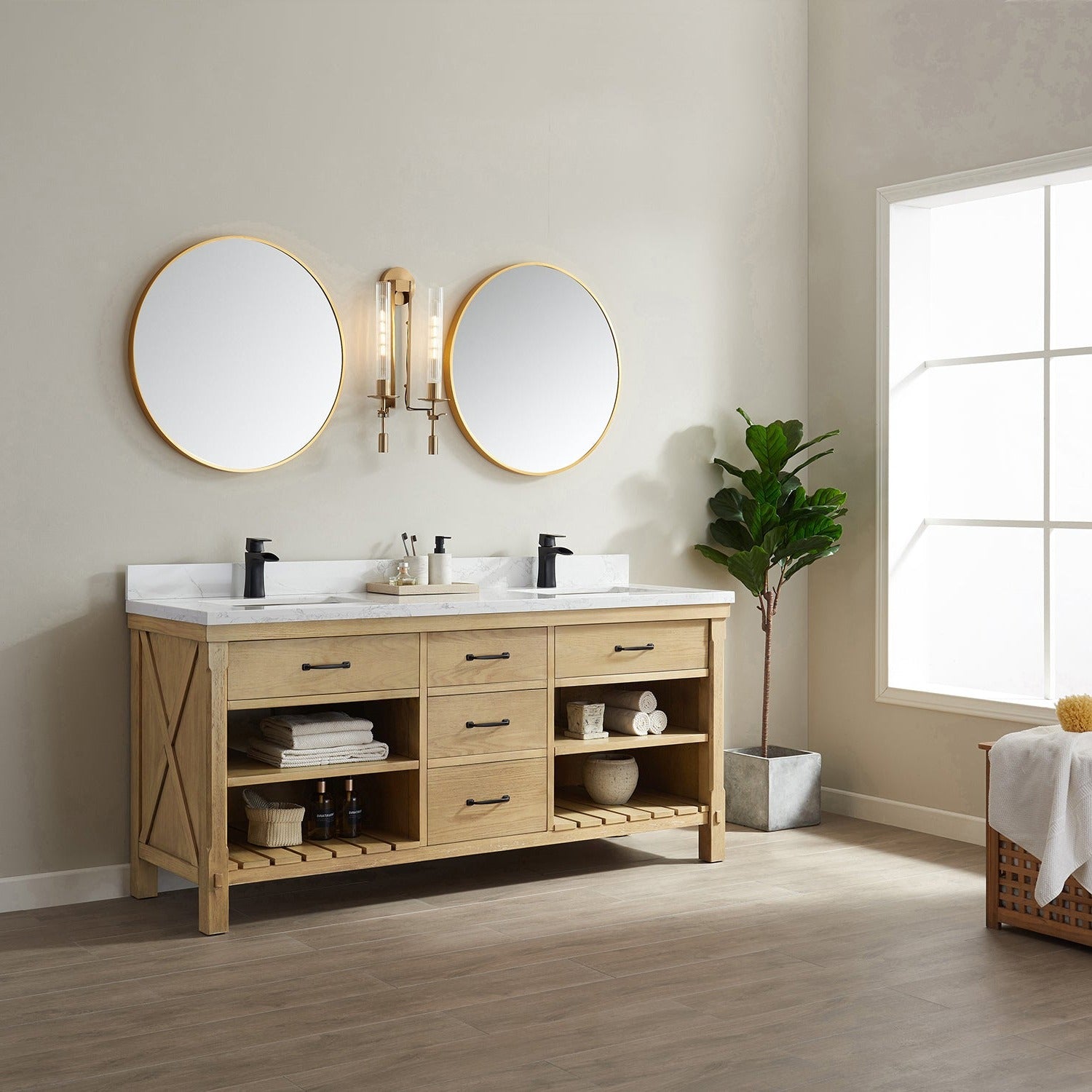 Vinnova Valencia 72" Bathroom Vanity Set in Ash Wood w/ White Composite Grain Stone Countertop | 798072-WA-GW