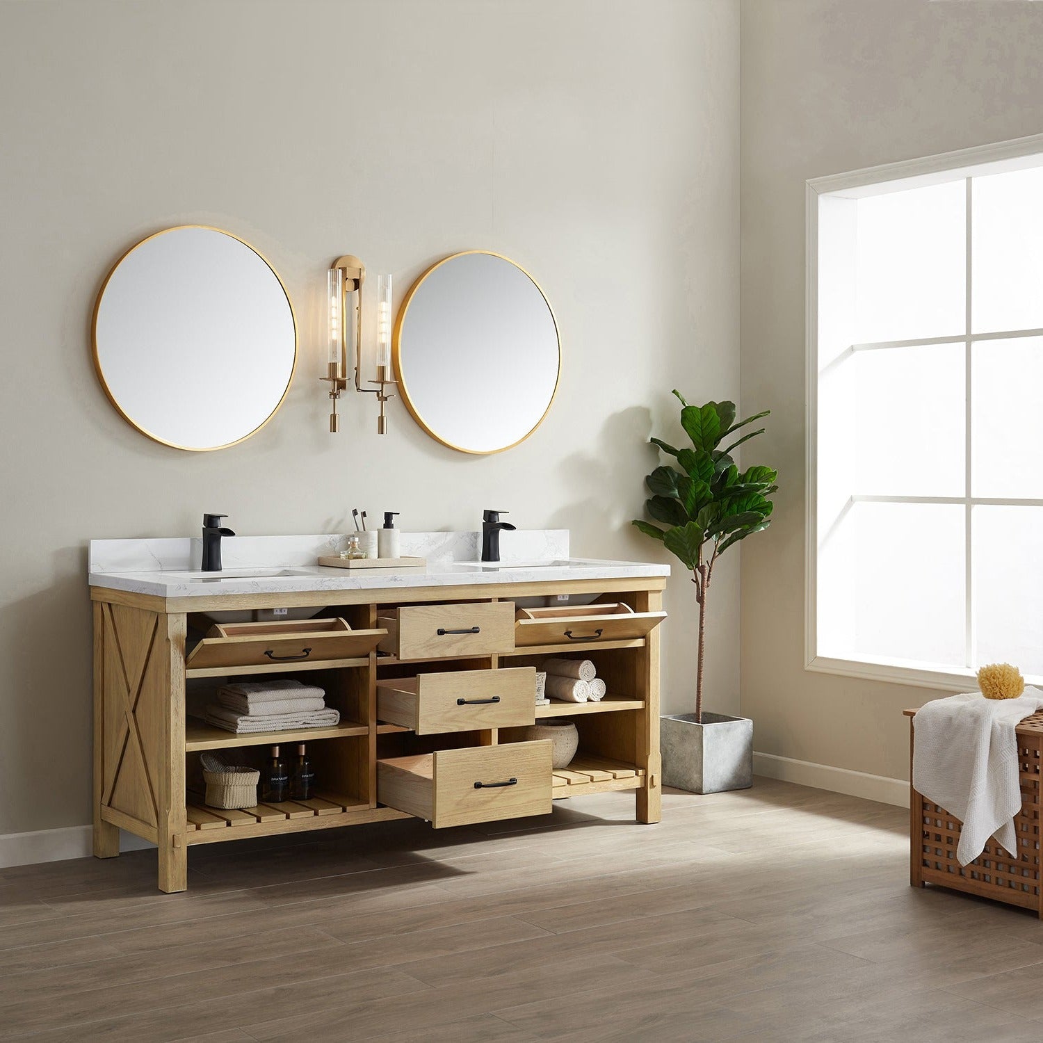 Vinnova Valencia 72" Bathroom Vanity Set in Ash Wood w/ White Composite Grain Stone Countertop | 798072-WA-GW