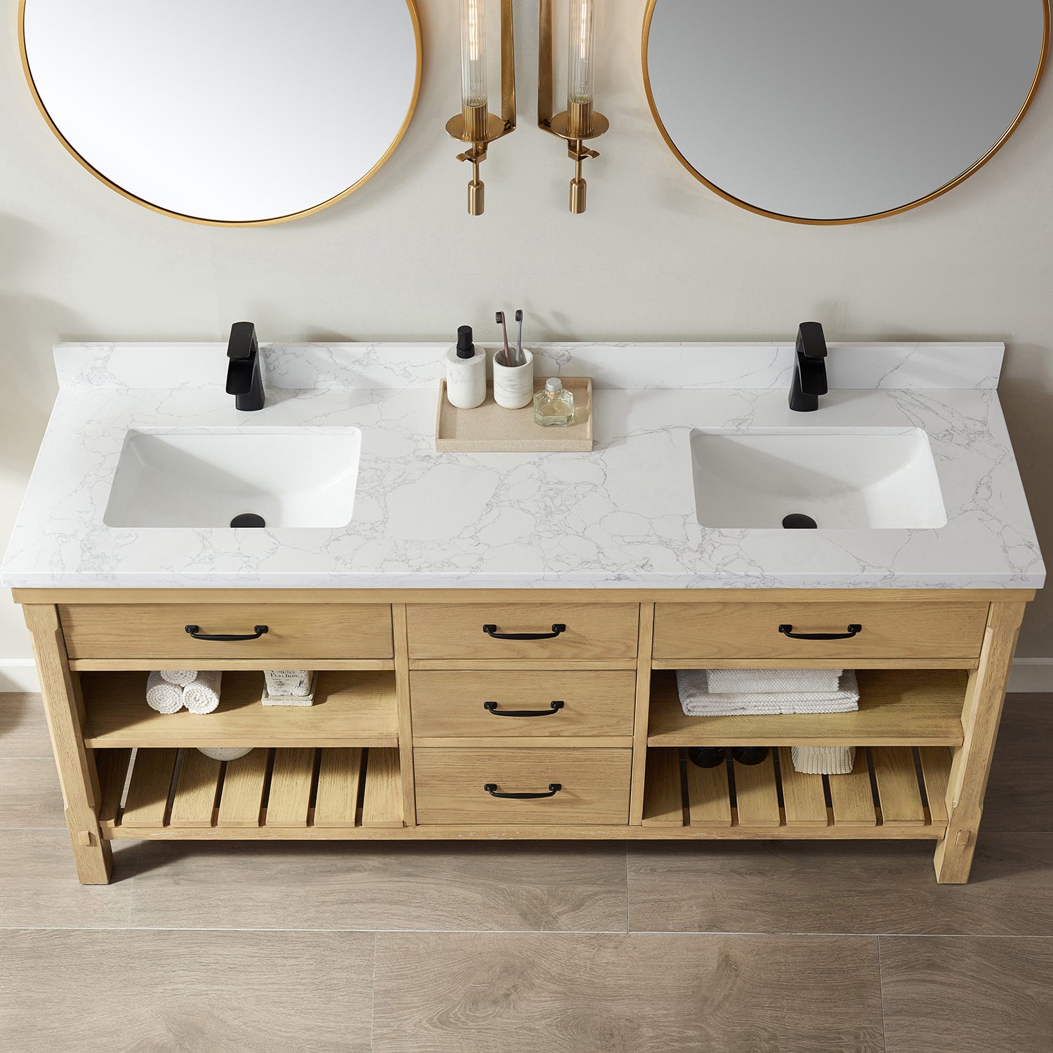 Vinnova Valencia 72" Bathroom Vanity Set in Ash Wood w/ White Composite Grain Stone Countertop | 798072-WA-GW