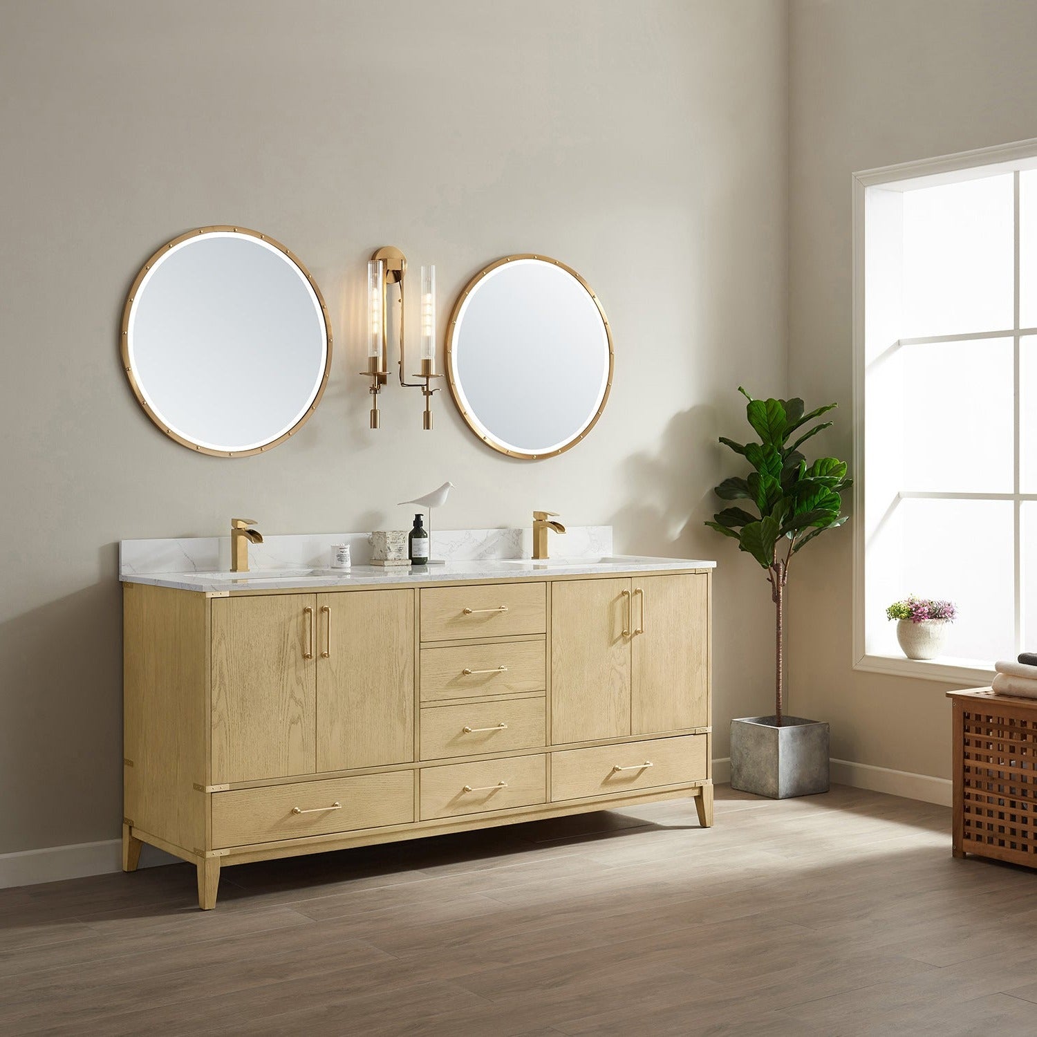 Vinnova Zaragoza 72" Bathroom Vanity Set in Ash Wood w/ White Composite Grain Stone Countertop | 799072-WA-GW