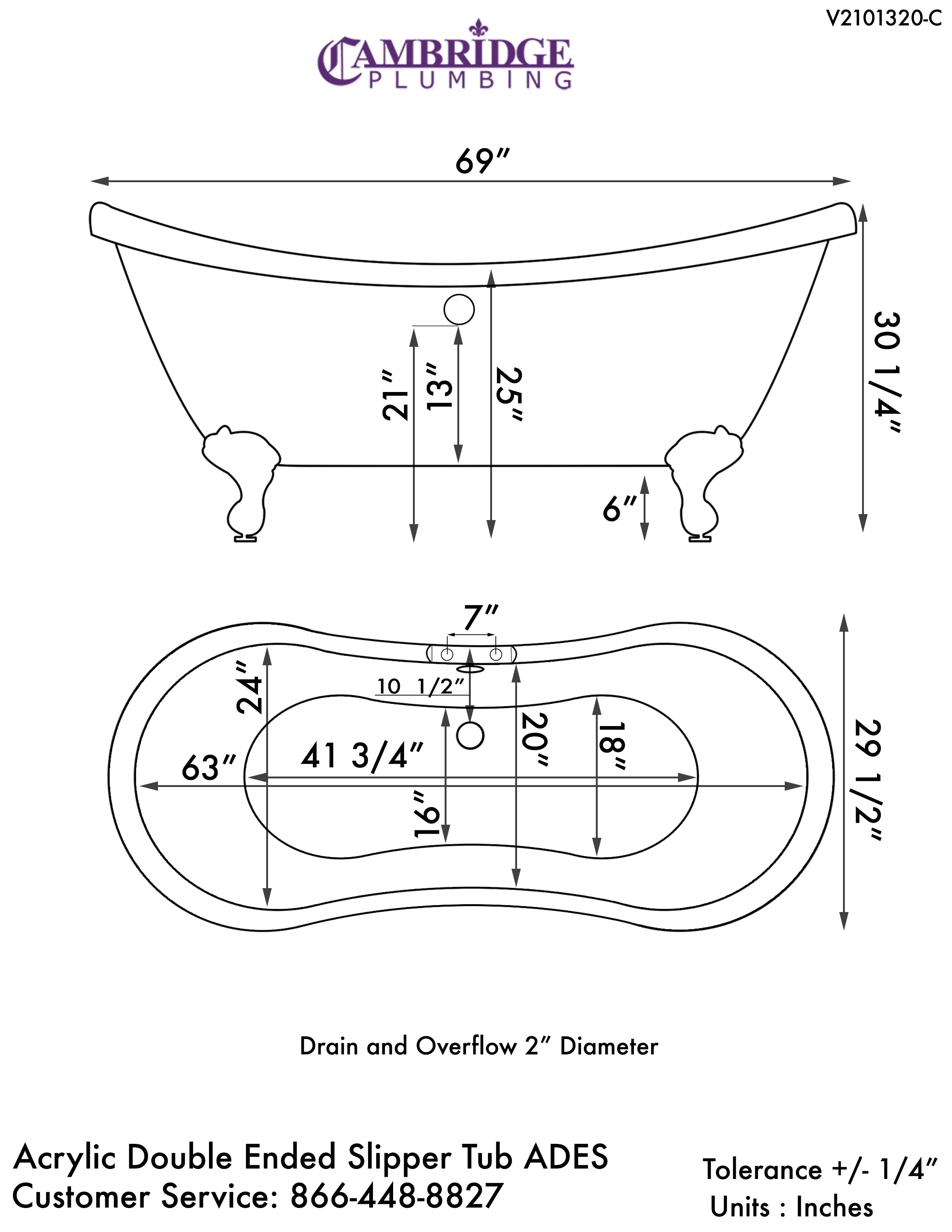Cambridge Plumbing 69 Inch Acrylic Double Slipper Clawfoot Tub Deck Holes – ADES-DH