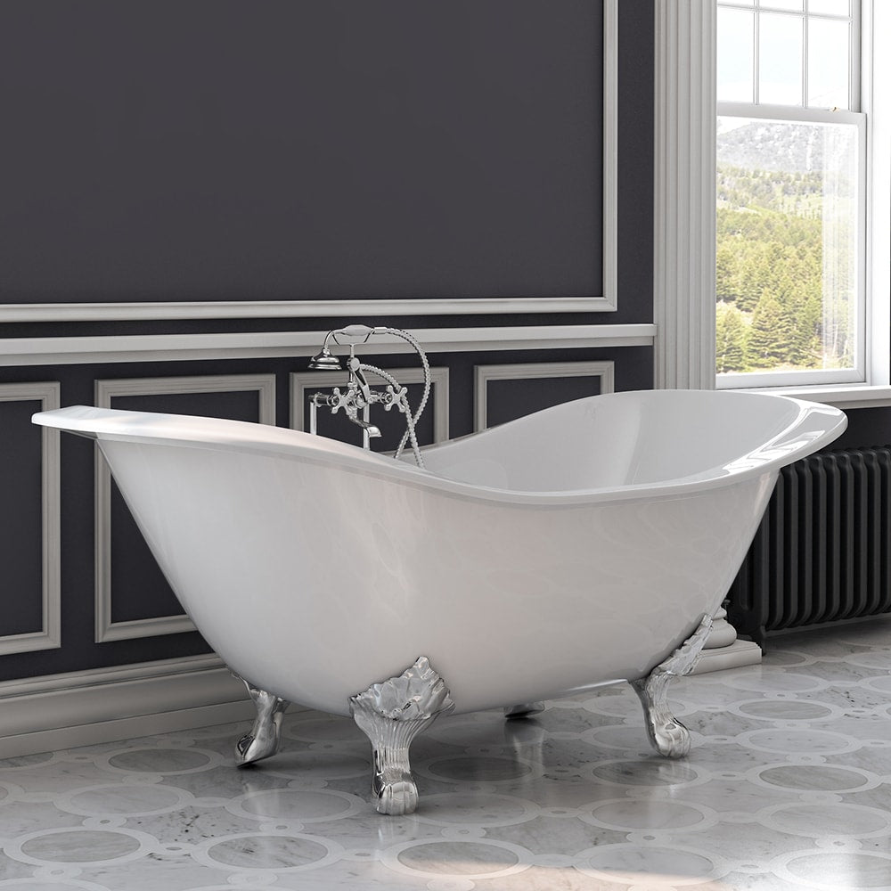 Cambridge Plumbing DES-463D-6-PKG Bathtub Cast Iron Double Ended Slipper Tub with British Telephone Style  (31H x 30W x 71L)