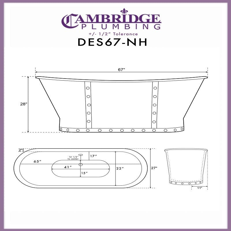 Cambridge Plumbing  Bathtub Cast Iron Double Slipper Skirted tub (28'Hx67Wx27 D)