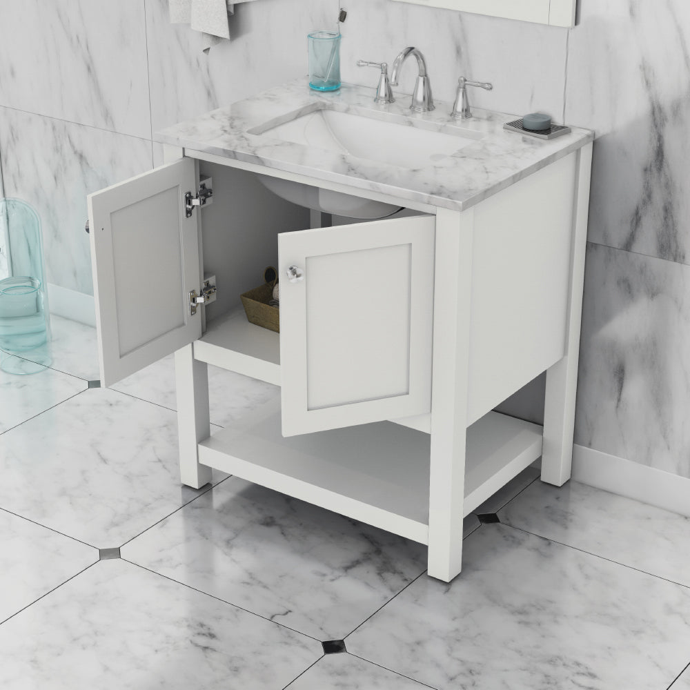 Alya Bath Wilmington 30" Vanity with Carrera Marble Top | HE-102-30