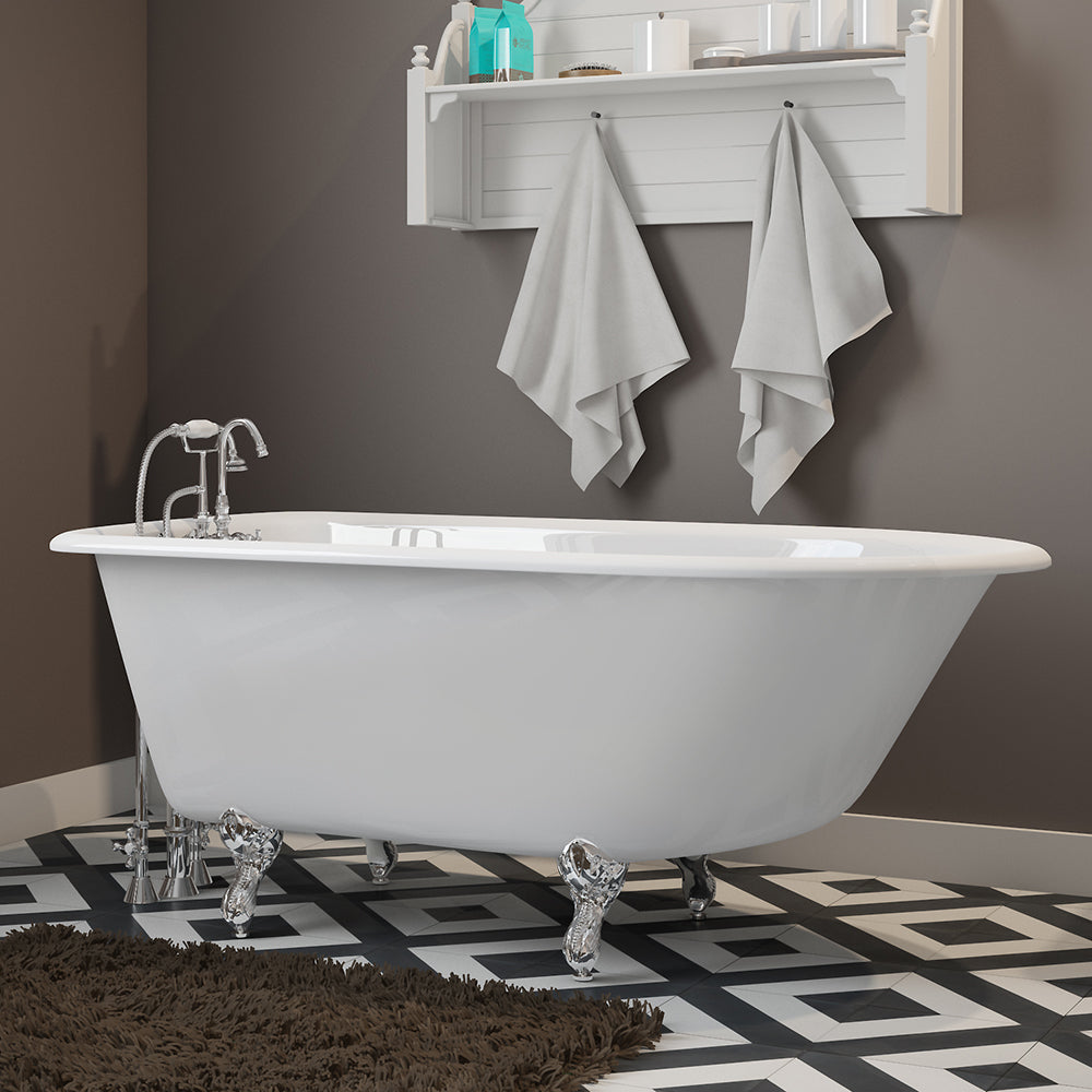 Cambridge Plumbing RR55-684BTW-PKG Bathtub Cast-Iron Rolled Rim Clawfoot Tub with English Telephone Style  (23H x 30W x 55L)