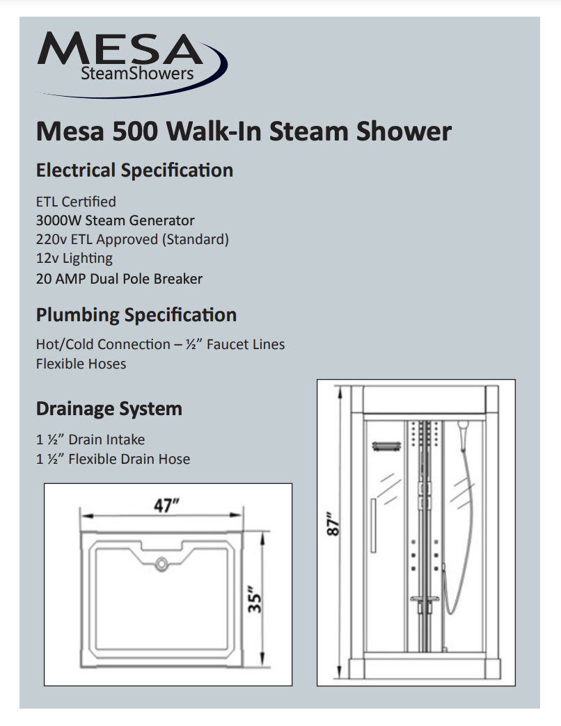 Mesa 500XL Steam Shower 47"L x 35"W x 85"H