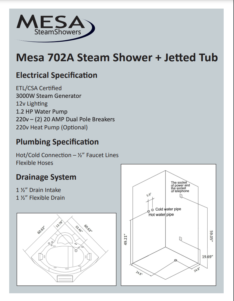 Mesa 702A Steam Shower Tub Combo - 61" x 61" x 89"