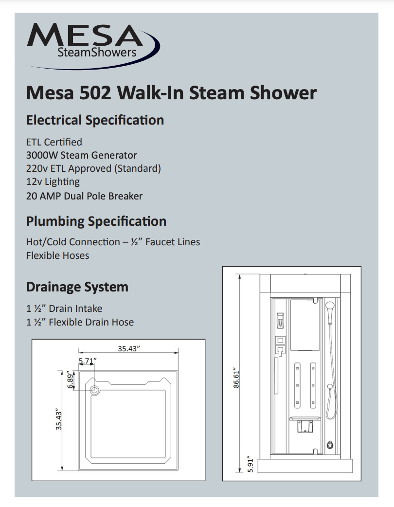 Mesa 502L Steam Shower 36"L x 36"W x 89"H