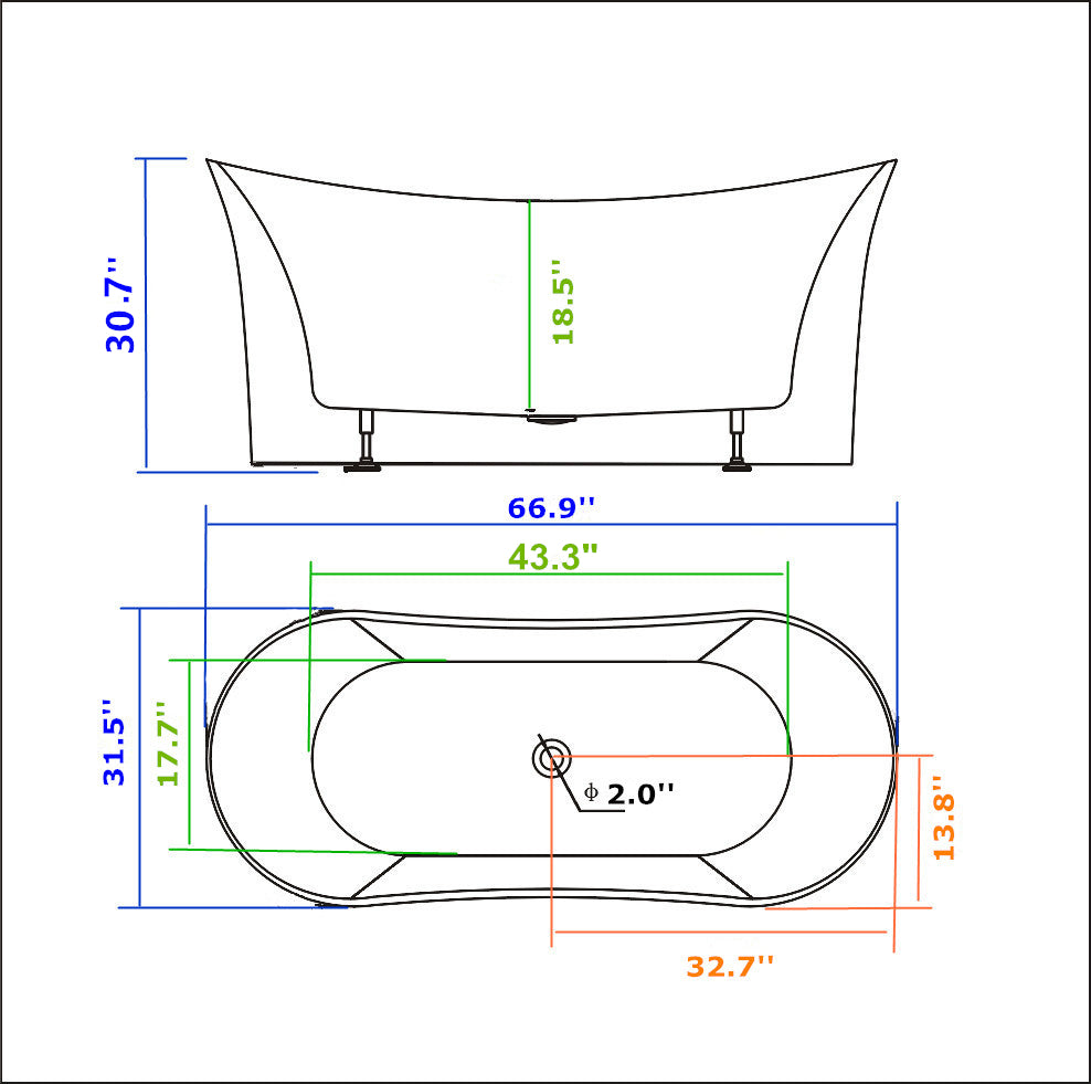 Legion Furniture 67" • Freestanding • Slipper Tub • WE6803
