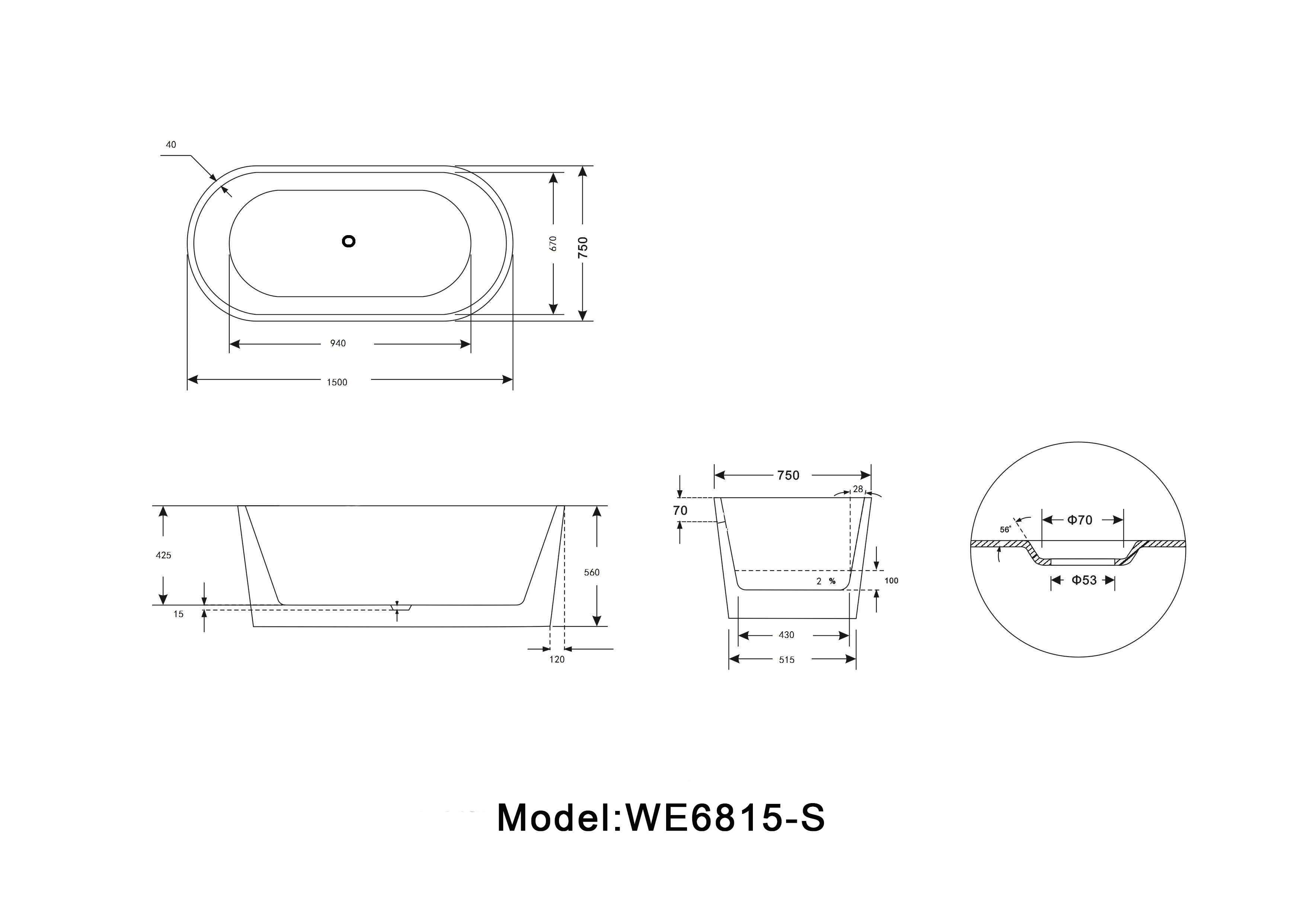 Legion Furniture 59″ Bathtub • Free Standing • Acrylic • WE6815-S