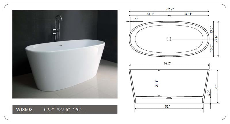 Legion Furniture 62″ Bathtub • Freestanding • WJ8602-W