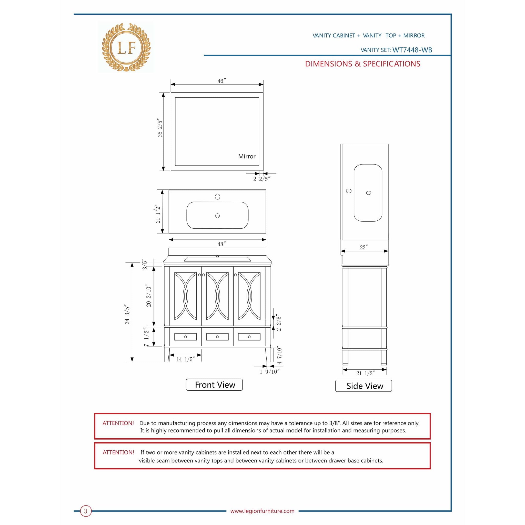 Legion Furniture 48" Vanity, Mirror & Sink - WT7448 (48"x22"x35")