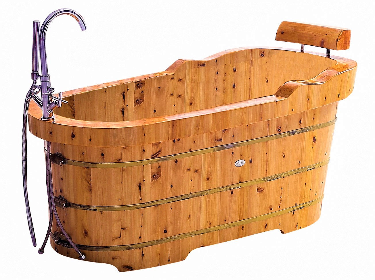 ALFI AB1139 Bathtub Free Standing Cedar Wooden with Fixtures & Headrest (61-inch)