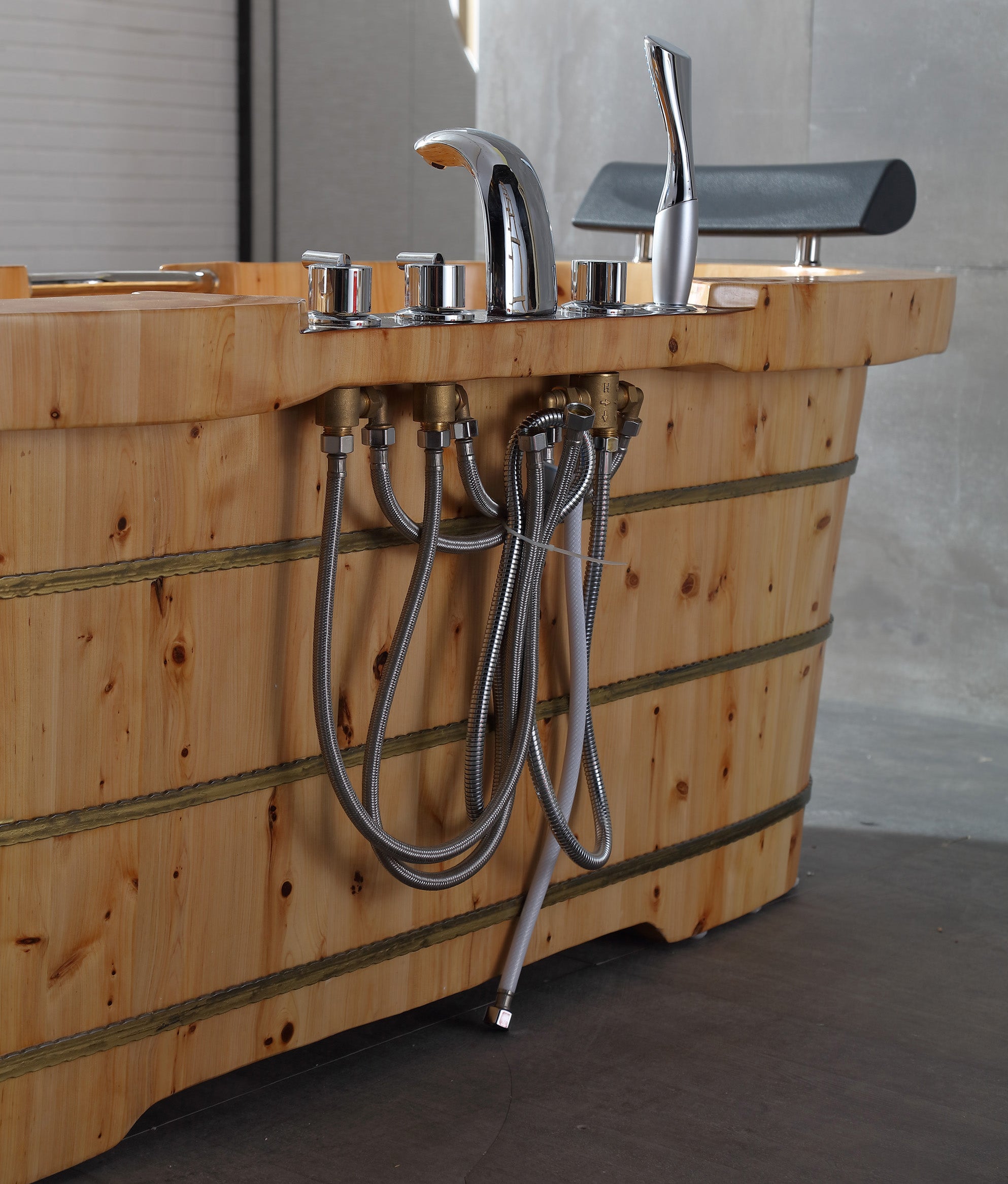 ALFI AB1130 Bathtub Free Standing Cedar Wooden with Fixtures & Headrests (65-inch)