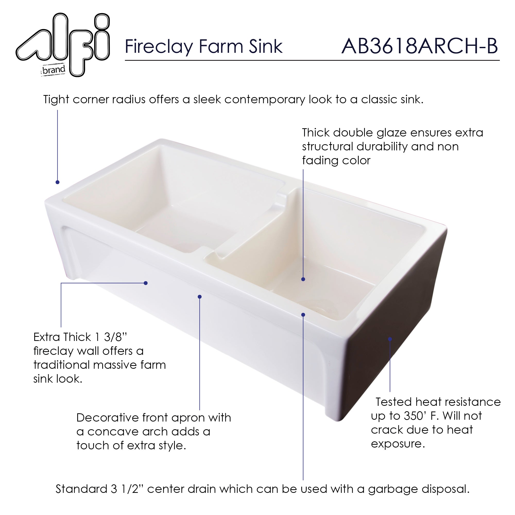 ALFI AB3618ARCH Double Bowl Farm Sink Biscuit Arched Apron Thick Wall Fireclay (36-inch)