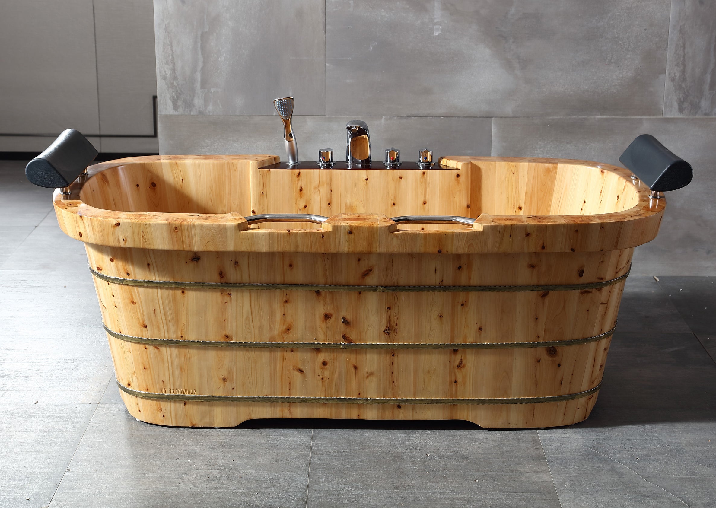 ALFI AB1130 Bathtub Free Standing Cedar Wooden with Fixtures & Headrests (65-inch)
