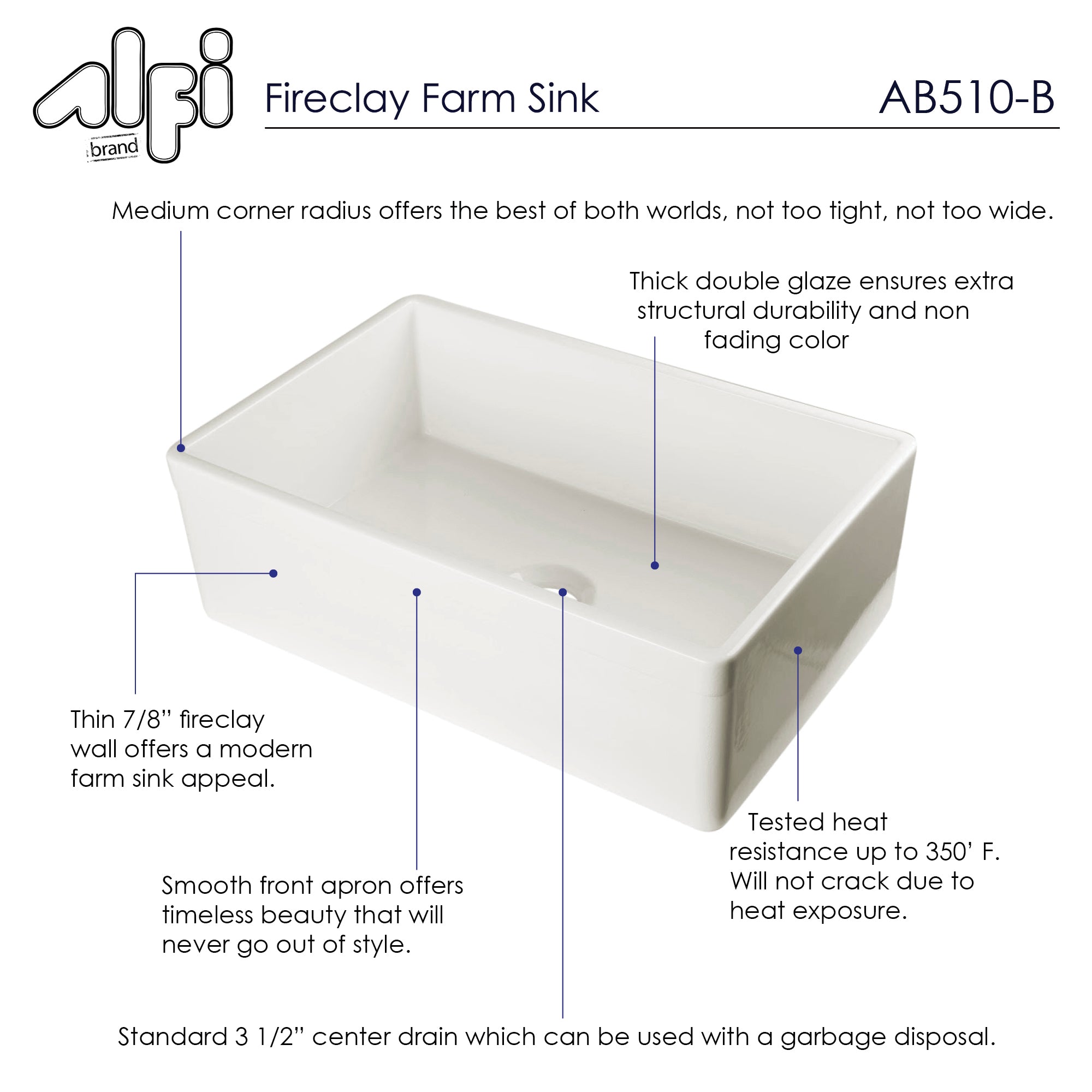 ALFI AB510 Farmhouse Kitchen Sink Biscuit Contemporary Smooth Apron Fireclay (30-inch)